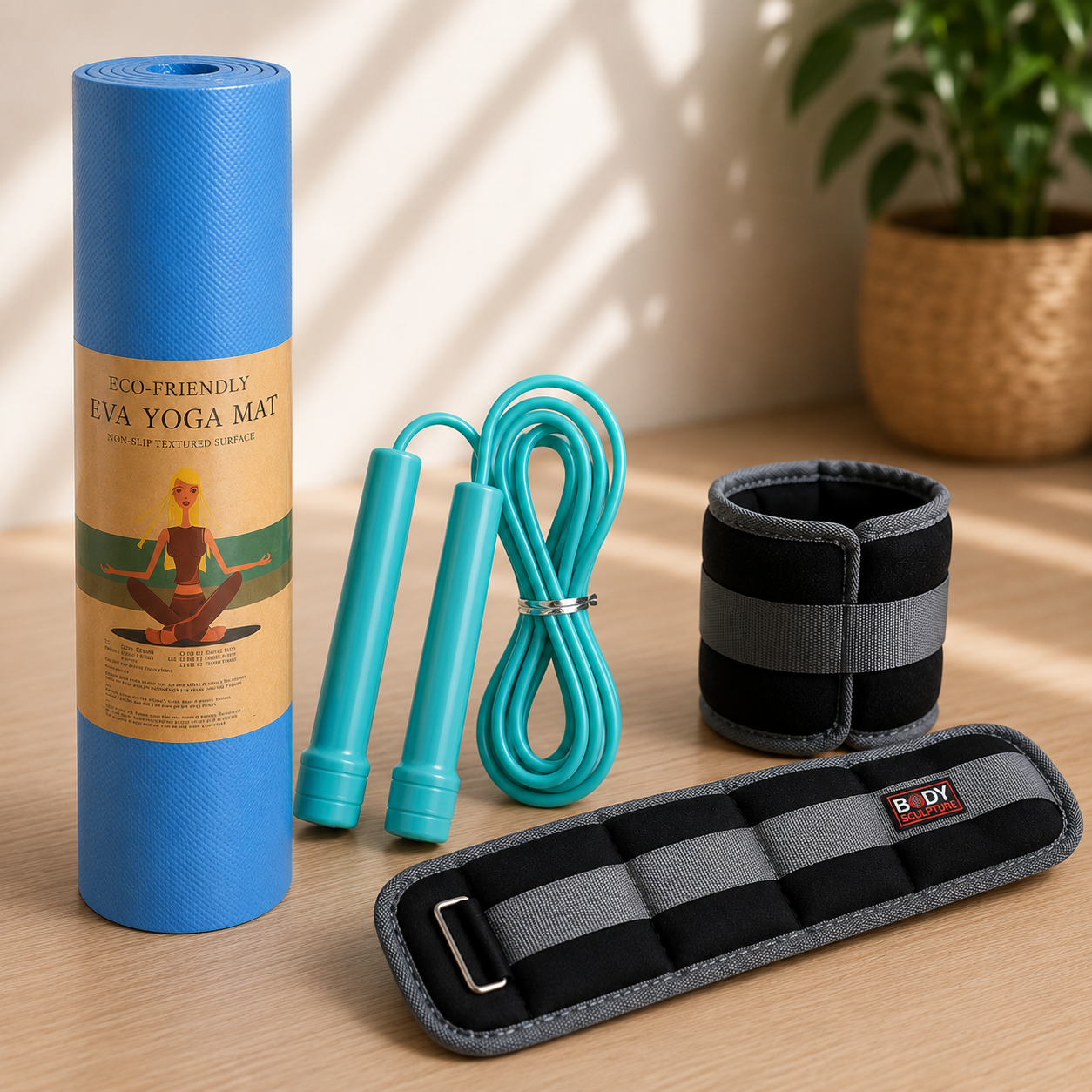 Pack Sport à Domicile - Tapis Fitness + Corde + Lests