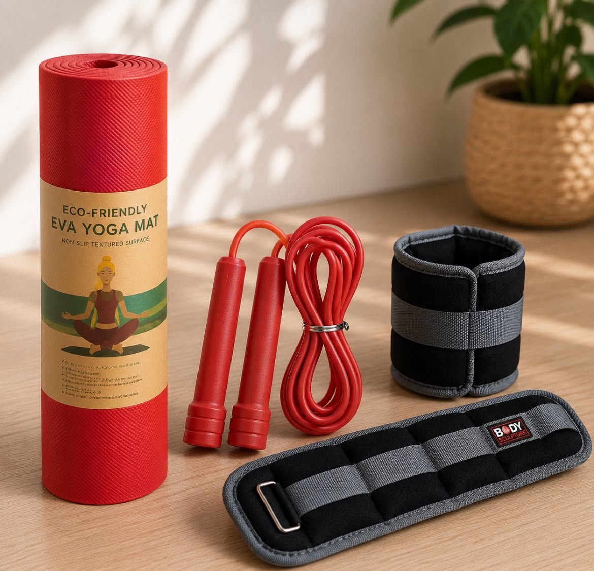 Pack Sport à Domicile - Tapis Fitness + Corde + Lests