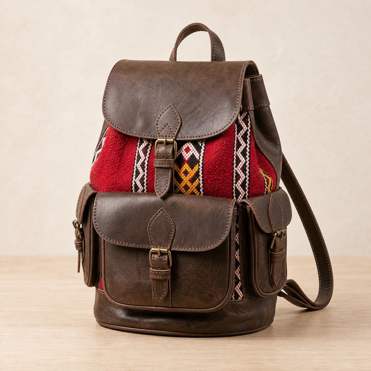 Sac à dos artisanal en cuir véritable marron et tissu rouge – Fabriqué à Fès image 2