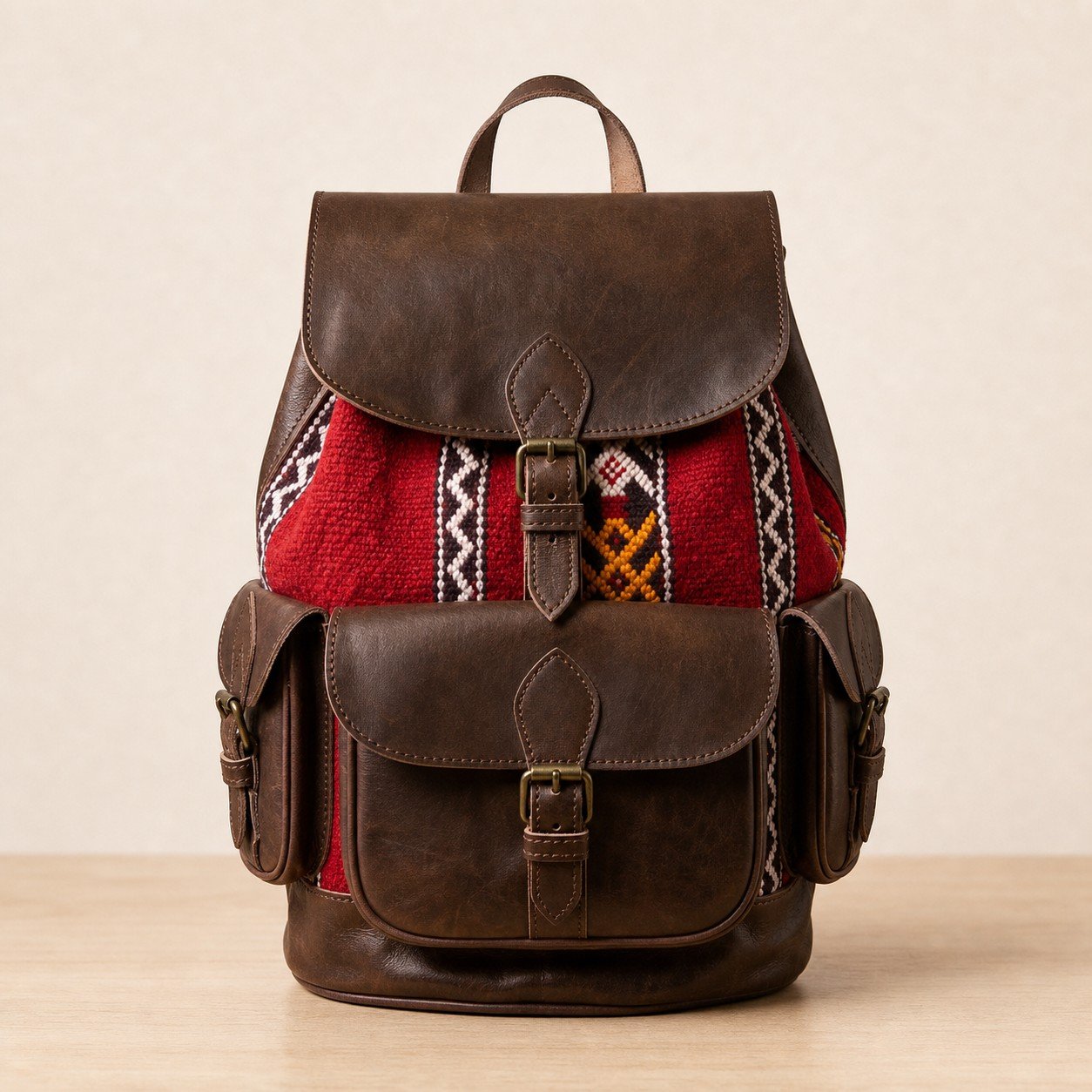 Sac à dos artisanal en cuir véritable marron et tissu rouge – Fabriqué à Fès