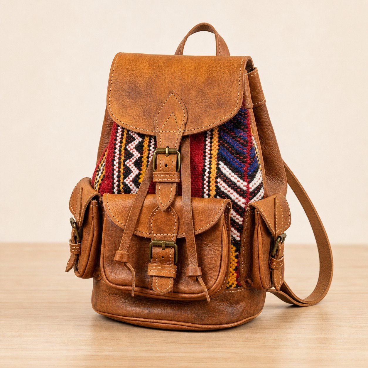 Sac à dos artisanal en cuir véritable – Fabriqué à Fès, Maroc