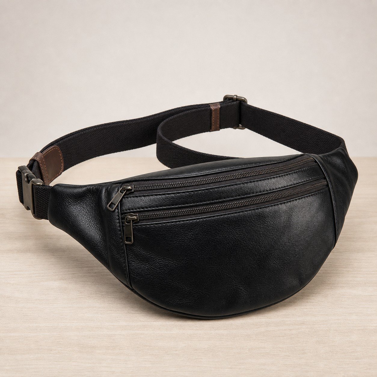 Sacoche banane en cuir véritable noir – Fabrication artisanale à Fès