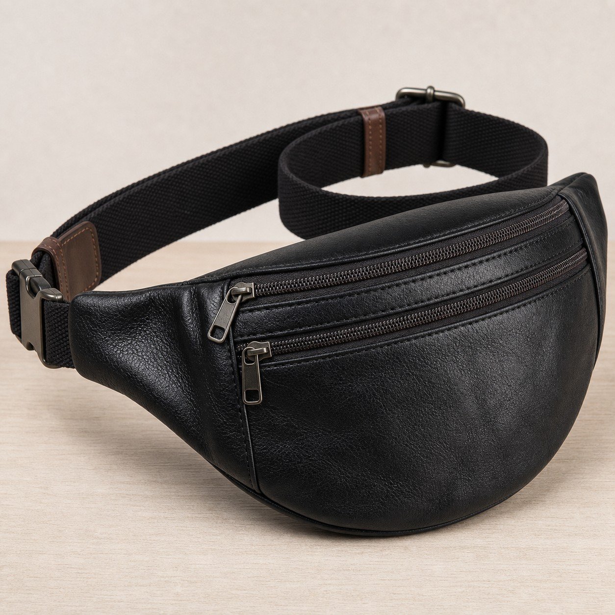 Sacoche banane en cuir véritable noir – Fabrication artisanale à Fès image 2